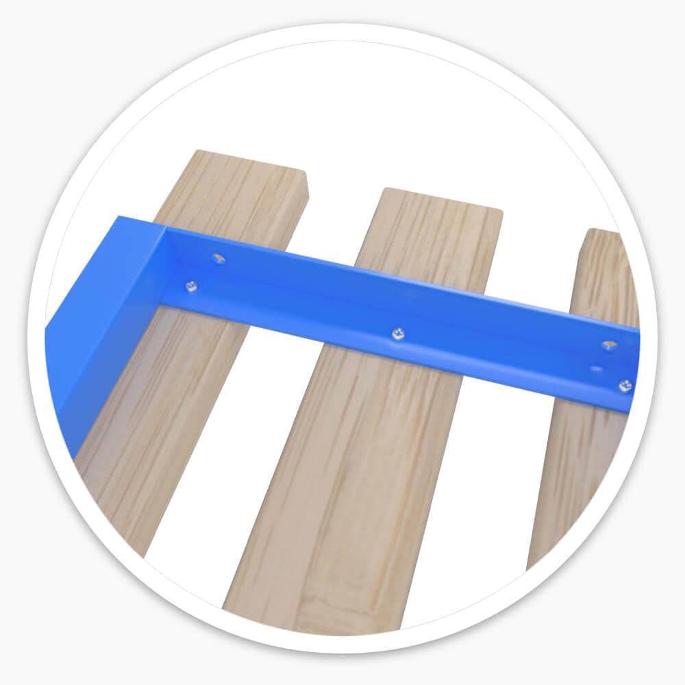 Underside of the 1500mm cloakroom bench showing ash slats screwed to the blue steel frame
