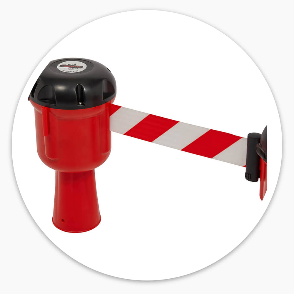 Retractable cone topper with its red and white chevron belt pulled out of the cassette