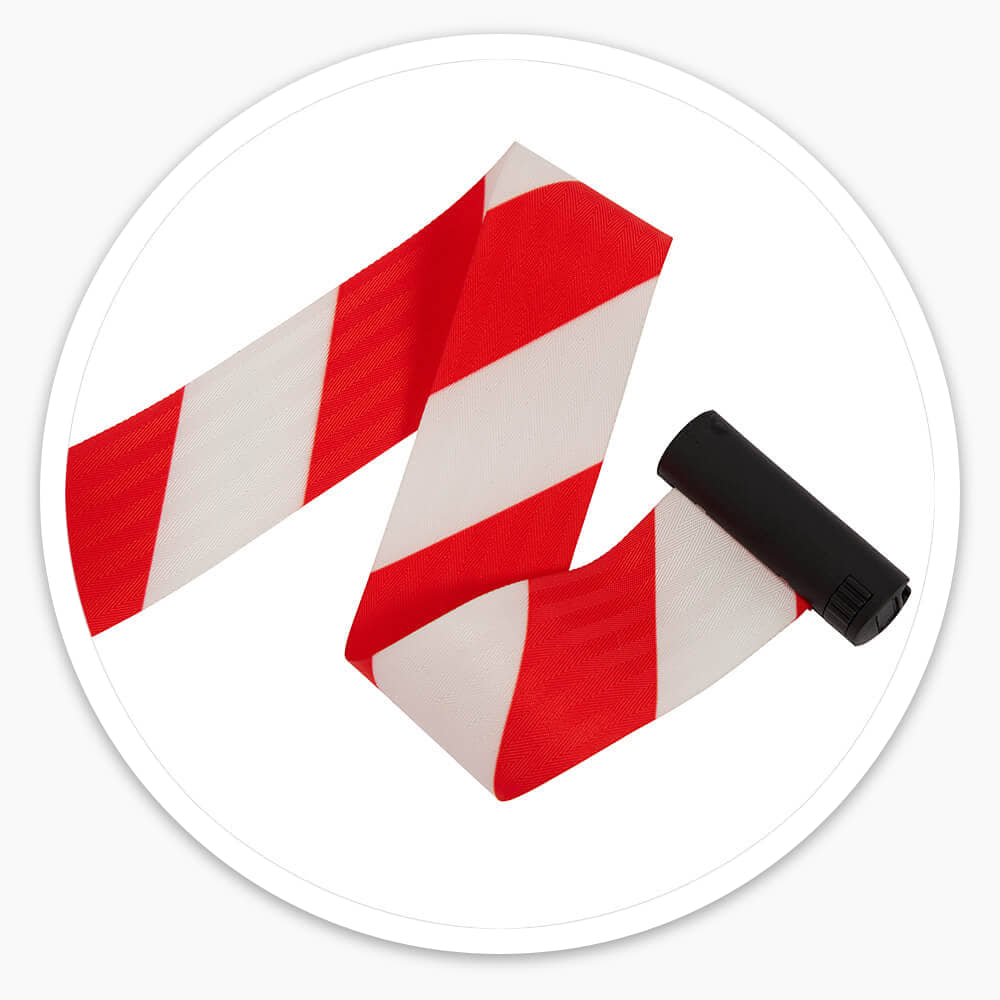 Close-up of the 46mm red and white high-visibility chevron belt and its end clip