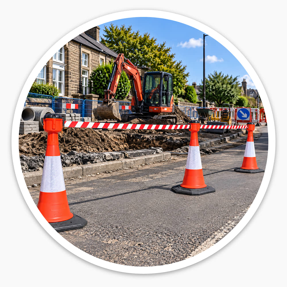 Three traffic cones with red and white retractable cone barrier toppers, belt stretched across roadworks beside a digger