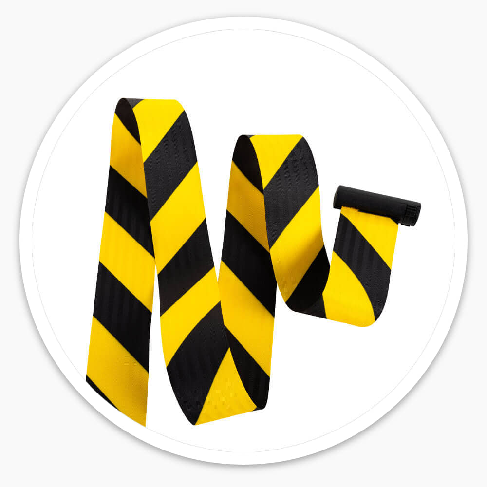 Length of yellow and black high-visibility chevron belt from the retractable cone barrier