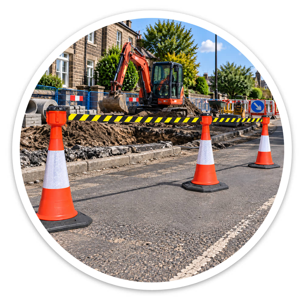 Yellow and black retractable cone barrier belt stretched between traffic cones around roadworks, with a digger behind