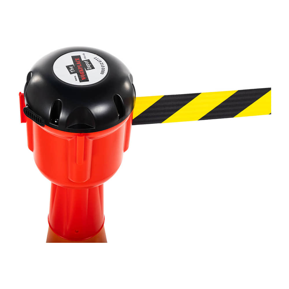 Close-up of the retractable cone barrier topper with its belt extended and a receiver clip on the side