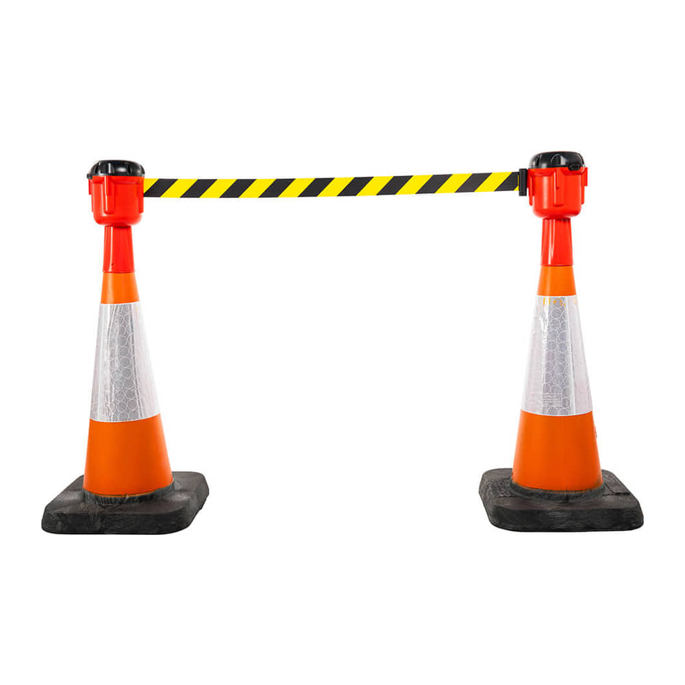 Two traffic cones fitted with yellow and black retractable cone barrier toppers linked by a belt