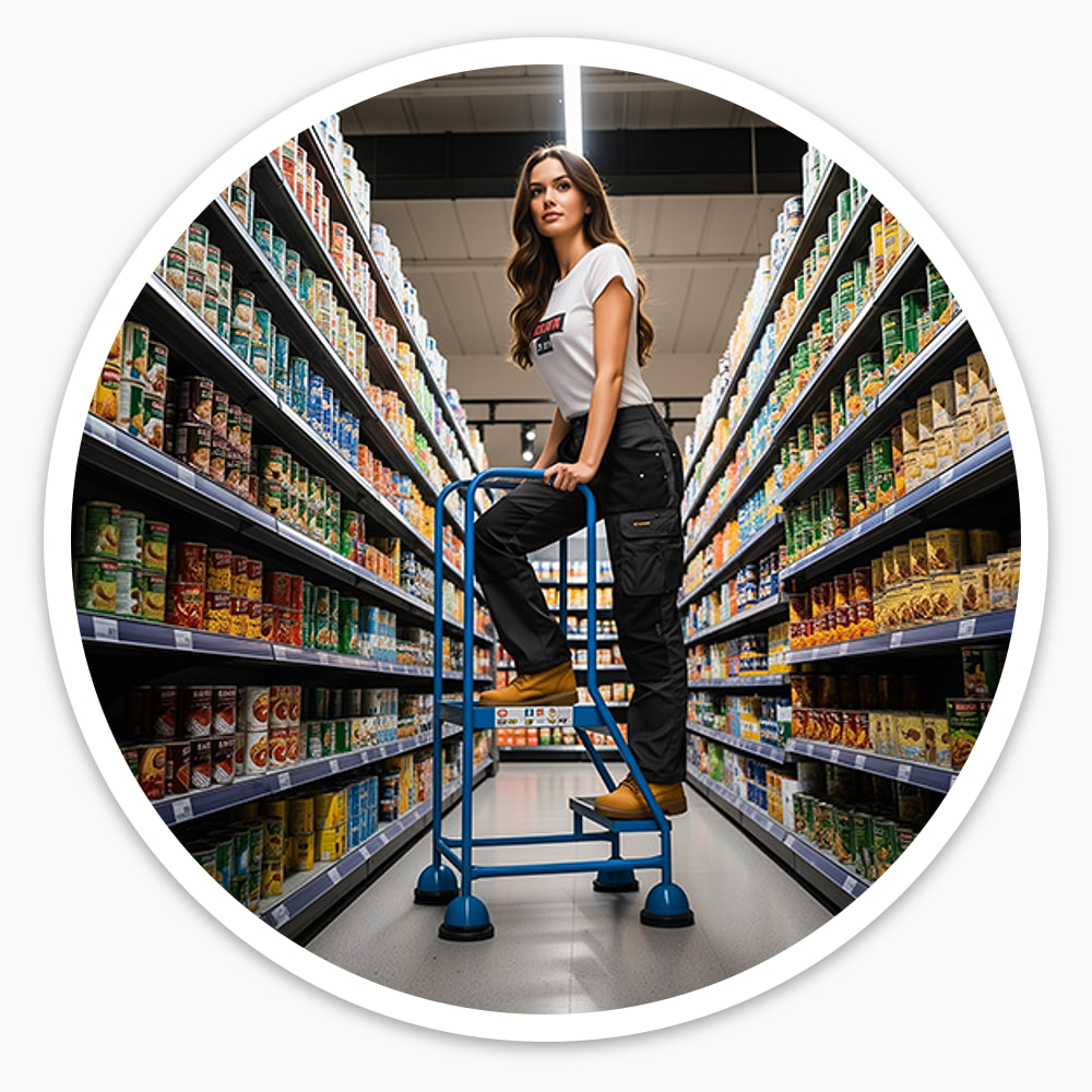 Worker standing on blue 2 tread mobile safety steps in a supermarket aisle to reach upper shelving