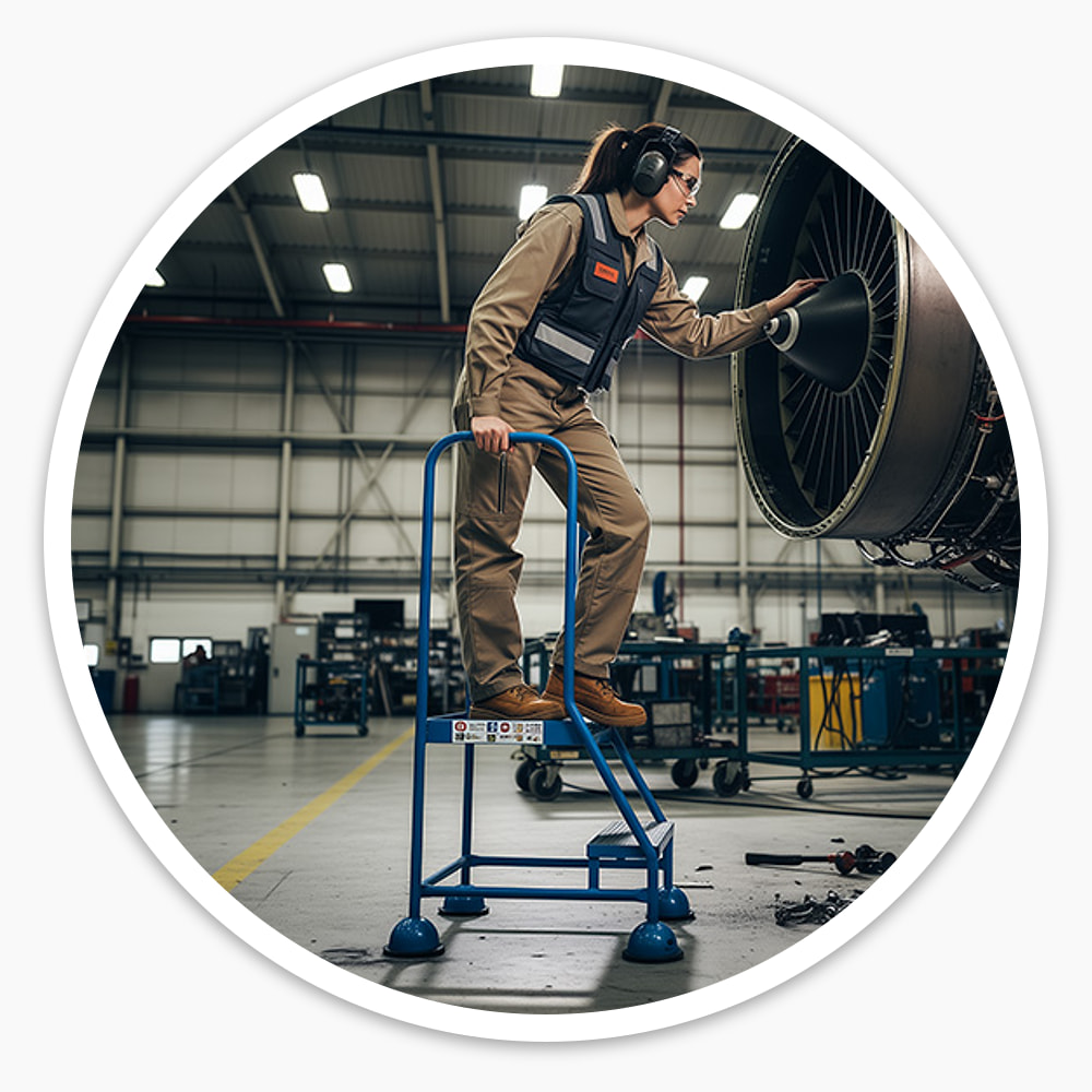 Engineer stepping onto 2 tread mobile safety steps beside an aircraft engine in a hangar