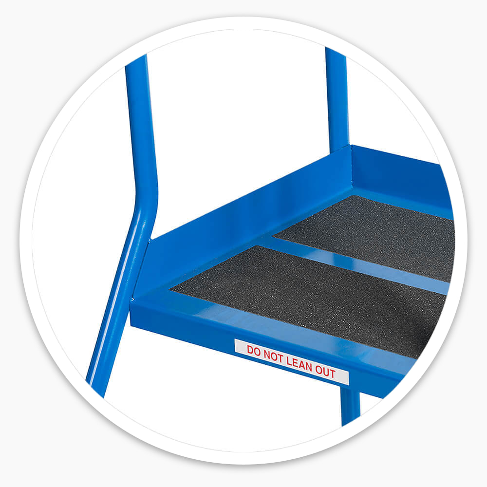 Anti-skid tread surface and do not lean out label on the 2 tread mobile safety steps