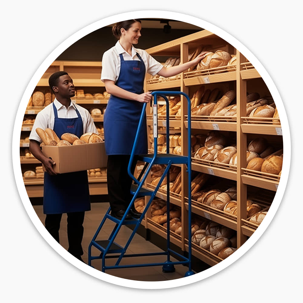 Bakery staff stocking bread shelves using the 4 Tread Mobile Safety Steps with twin handrails