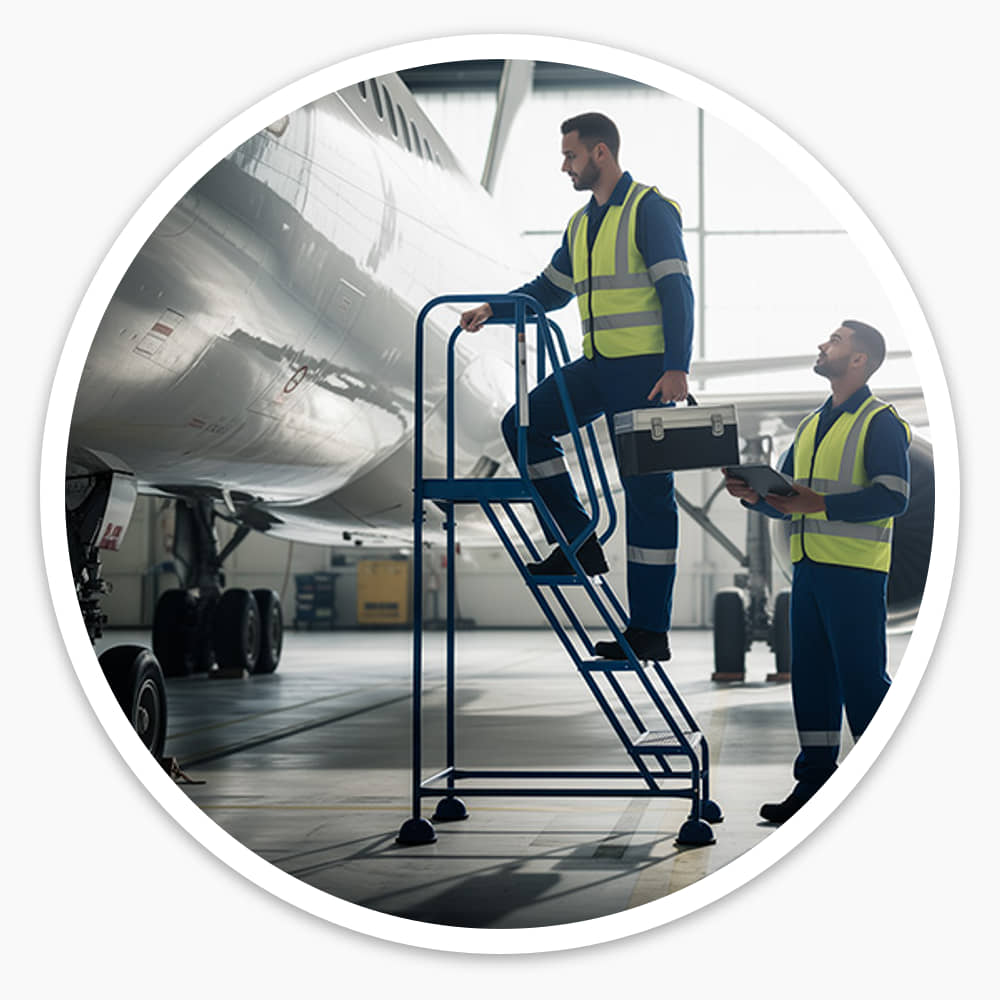 Engineers using the 4 Tread Mobile Safety Steps beside an aircraft in a maintenance hangar