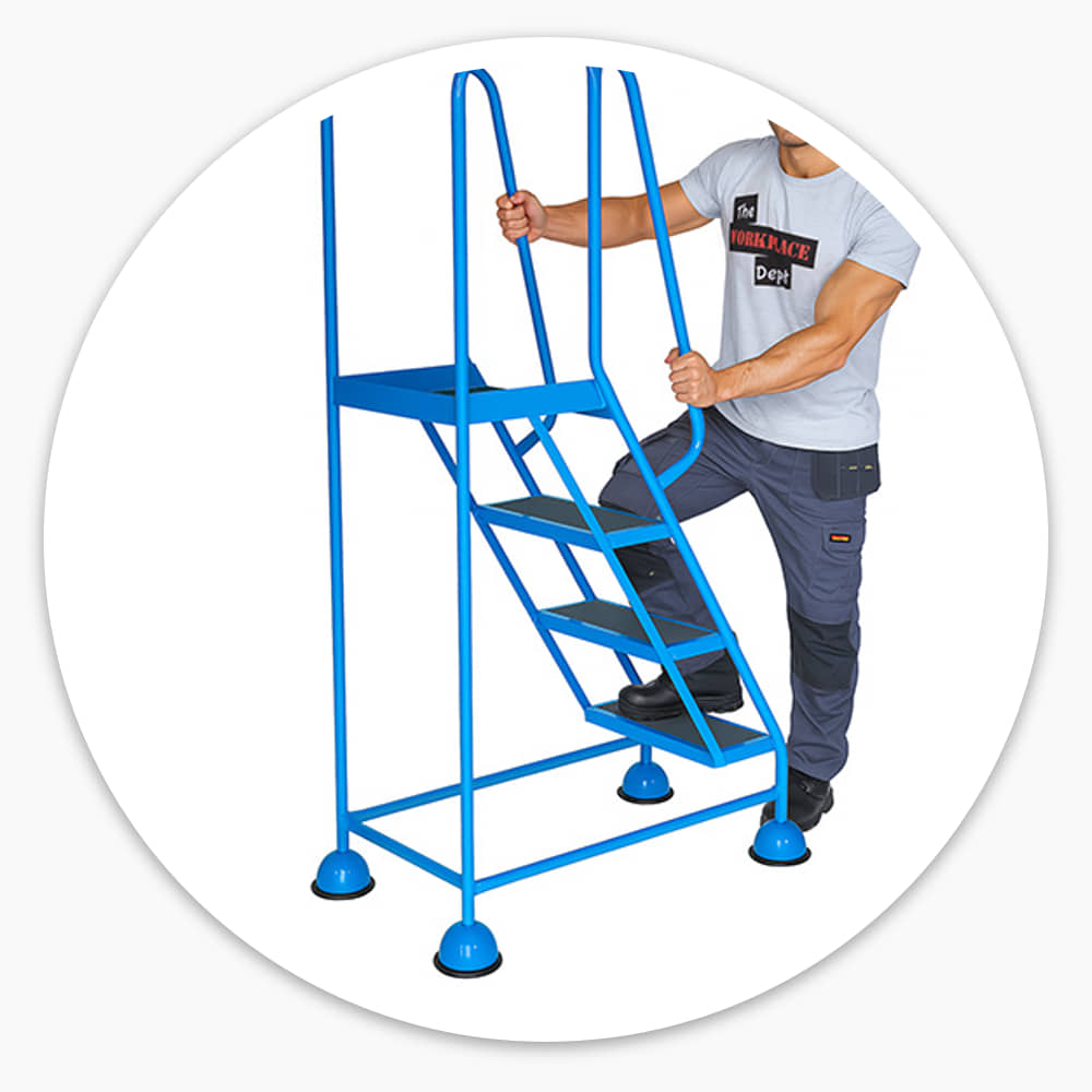 Man beside the 4 Tread Mobile Safety Steps showing the evenly spaced treads and platform