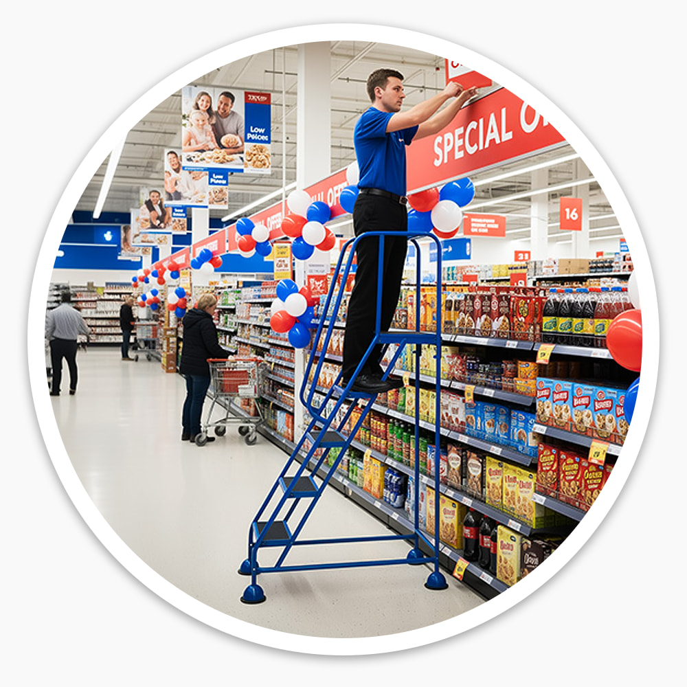 Worker on the 5 Tread Mobile Safety Steps fitting a special offer sign above a supermarket aisle