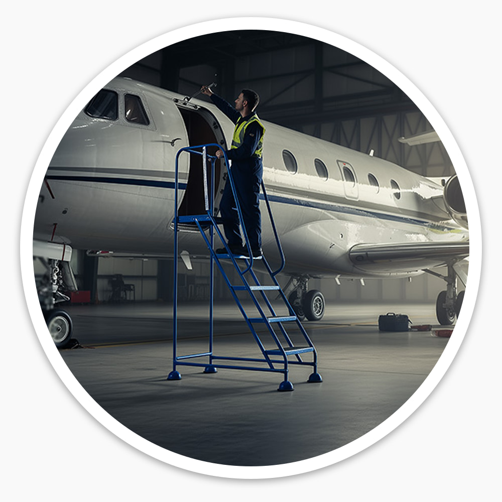Engineer on the 5 Tread Mobile Safety Steps working on a jet's door in an aircraft hangar