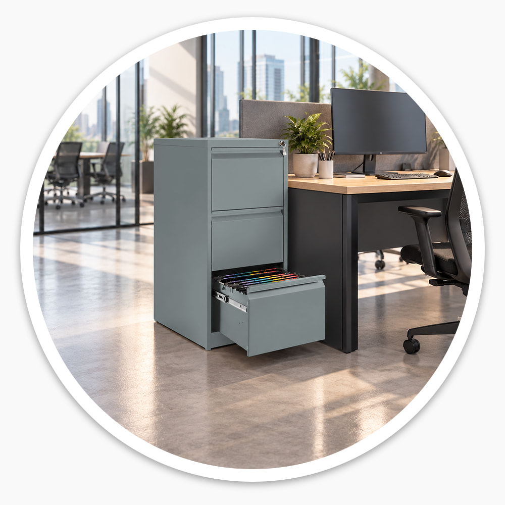 3 drawer grey steel filing cabinet beside a desk in a bright open-plan office, bottom drawer open on coloured hanging files