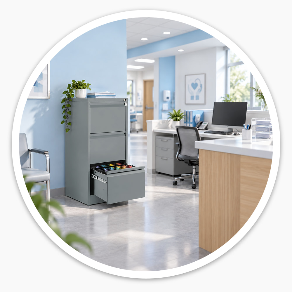 3 drawer grey steel filing cabinet with central lock beside a reception desk, bottom drawer open on hanging files