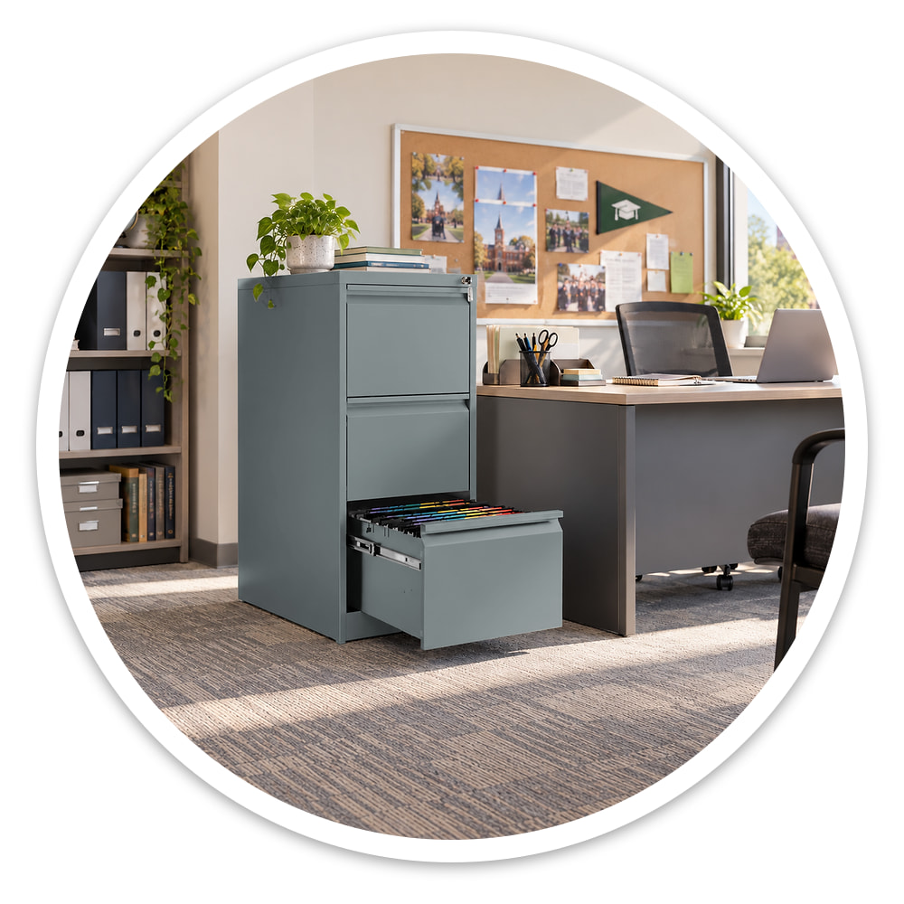 3 drawer grey steel filing cabinet in a sunny office, its bottom drawer open on suspension files beside a desk