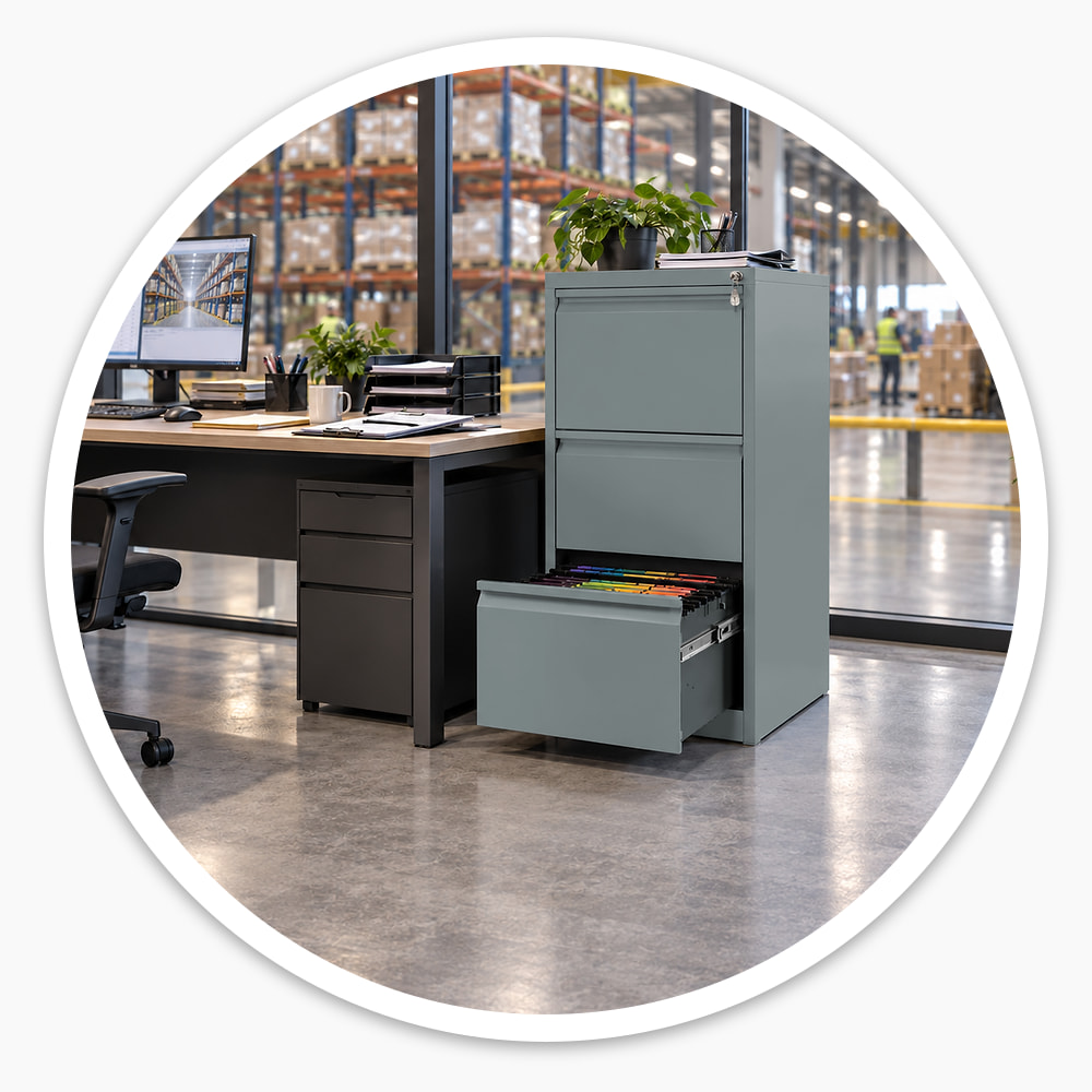 3 drawer grey steel filing cabinet beside a desk in a warehouse office, bottom drawer open on colourful suspension files