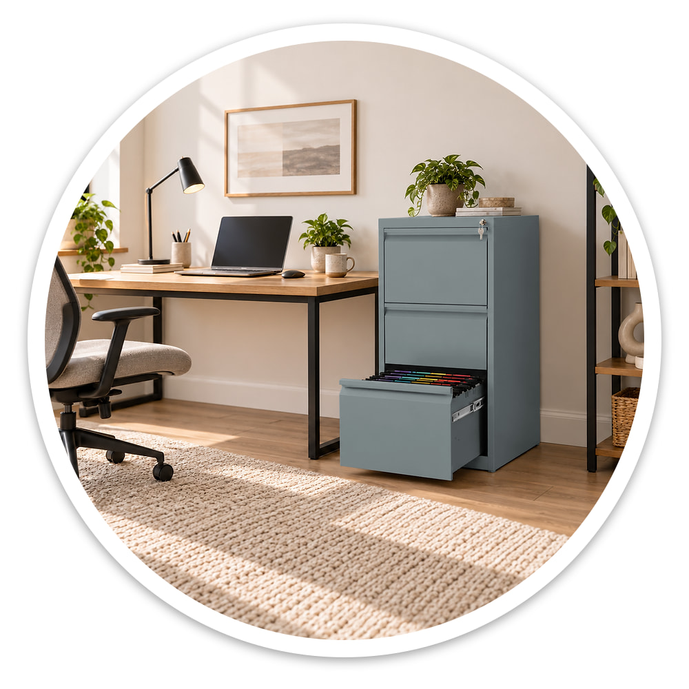 3 drawer grey steel filing cabinet with its bottom drawer open on hanging files, beside a desk in a bright home office