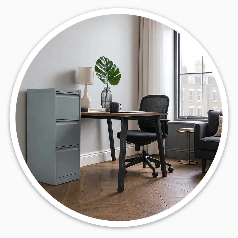 3 drawer grey steel filing cabinet against the wall beside a wooden desk, with a black office chair in a bright home office