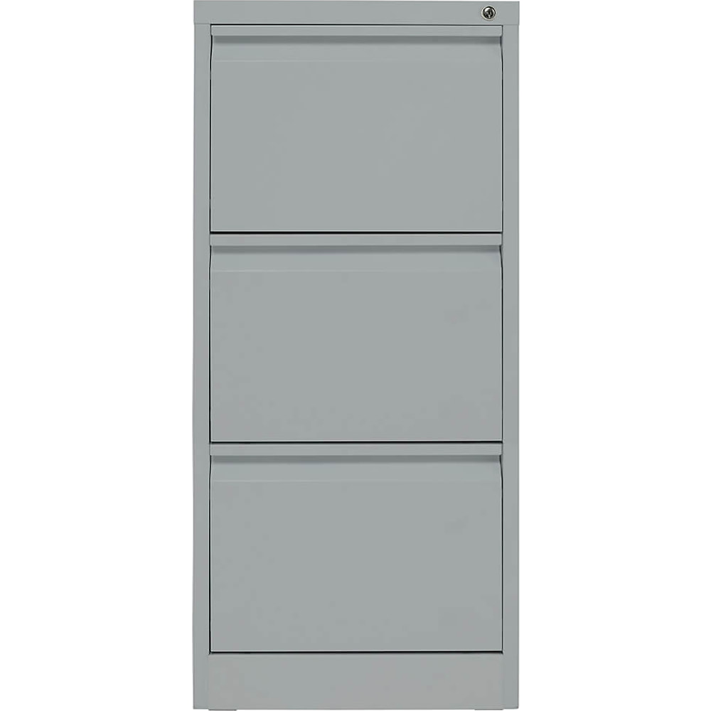 Front of a grey steel 3 drawer filing cabinet showing the recessed handles along the top of each drawer