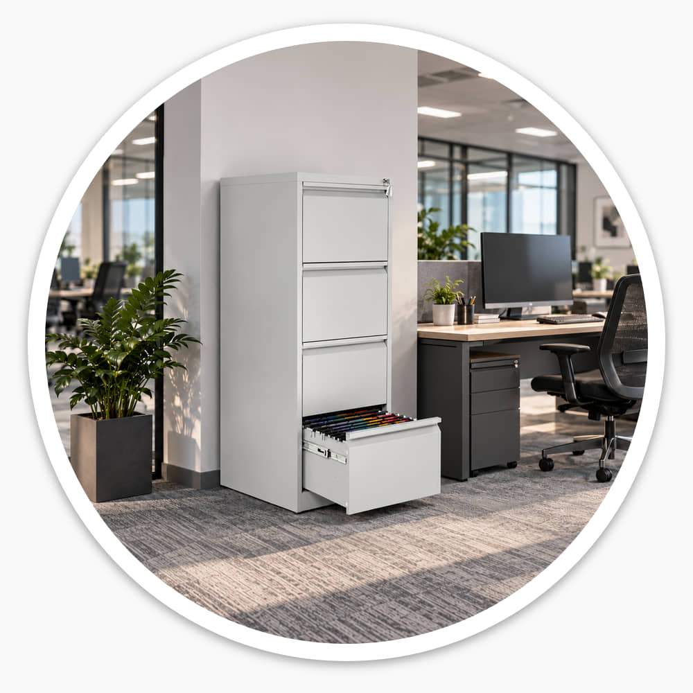 Grey steel 4 drawer filing cabinet with an open drawer of suspension files beside a desk in a modern open-plan office
