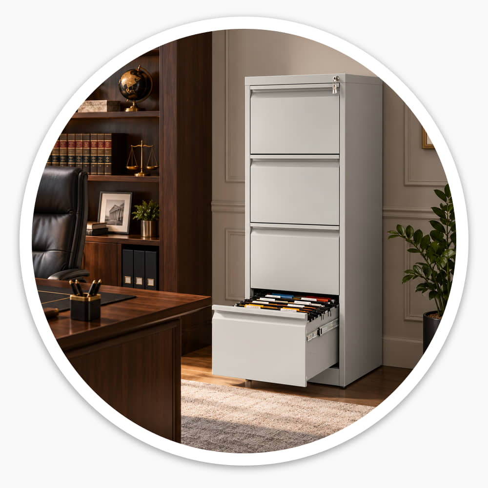4 drawer grey steel filing cabinet with central lock beside an executive desk in a wood-panelled office