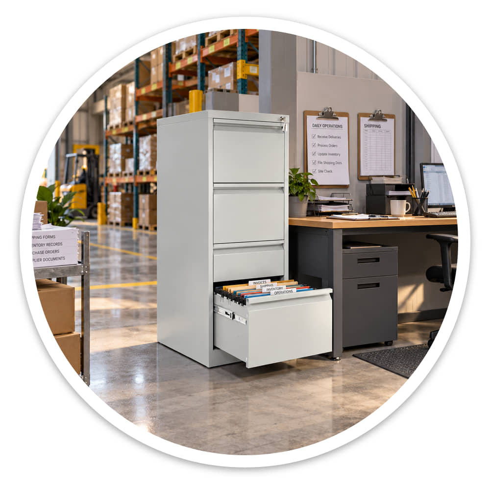 Grey steel 4 drawer filing cabinet with only the bottom drawer open in a busy warehouse office