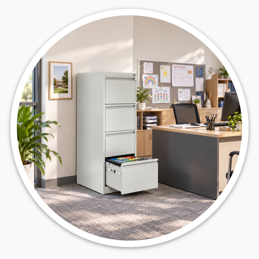 Grey steel 4 drawer filing cabinet with an open drawer of files beside a desk in a busy school reception