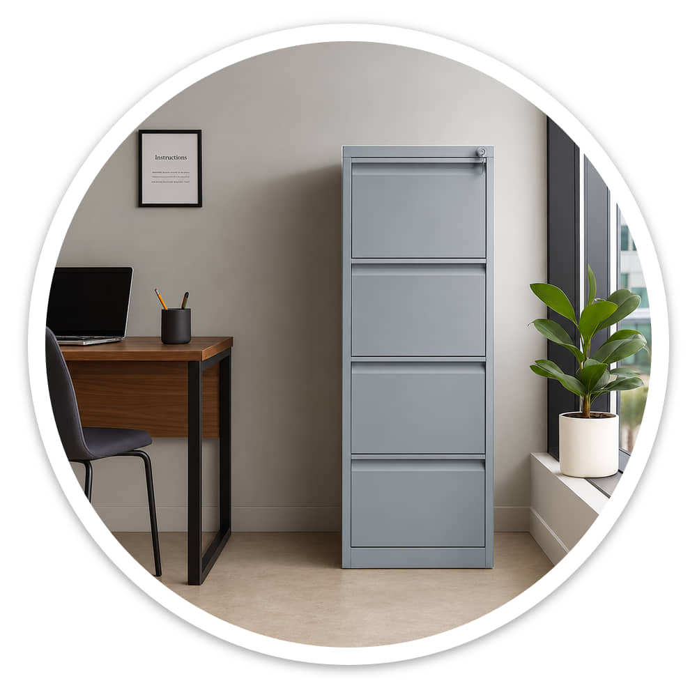 Grey powder-coated 4 drawer filing cabinet against a neutral wall beside a desk and a potted plant