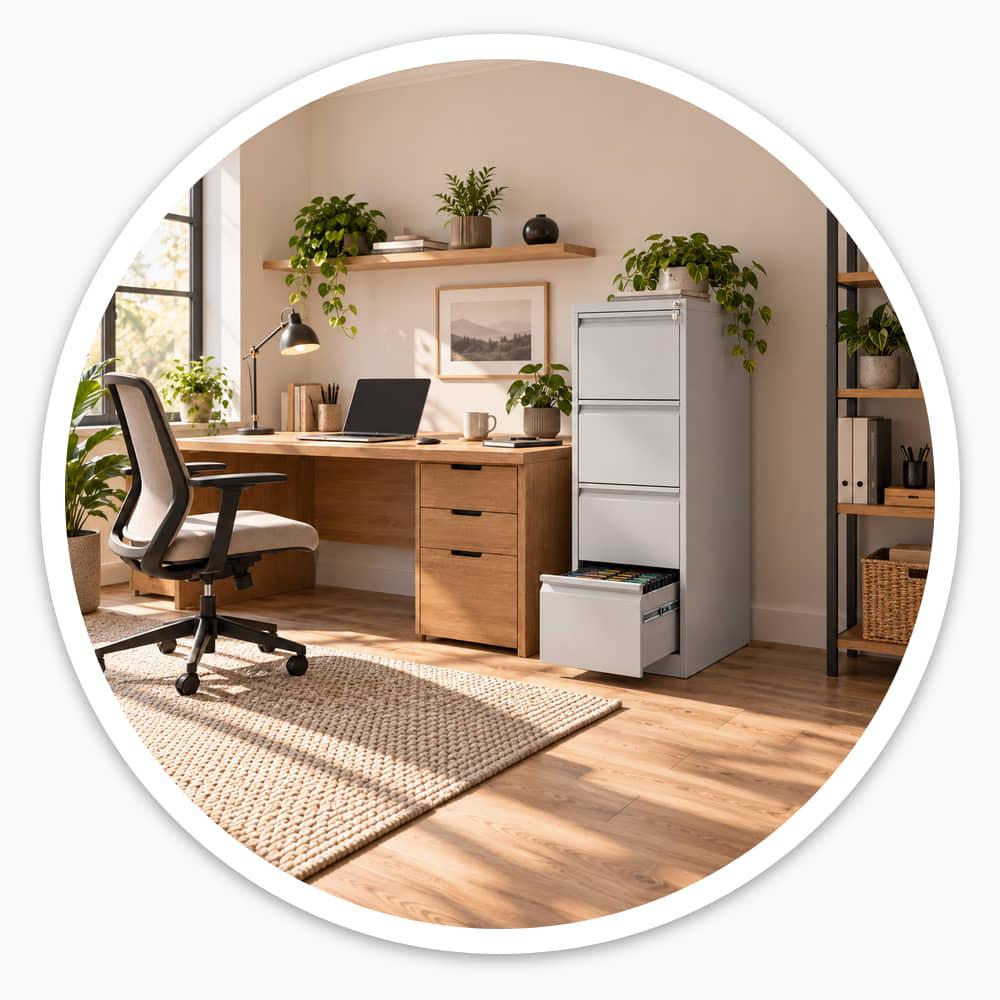 Grey steel 4 drawer filing cabinet set up beside a wooden desk in a bright home office