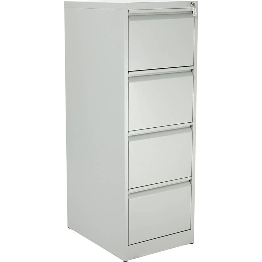 Grey steel filing cabinet drawer fronts with flush recessed handles along the top edge of each drawer