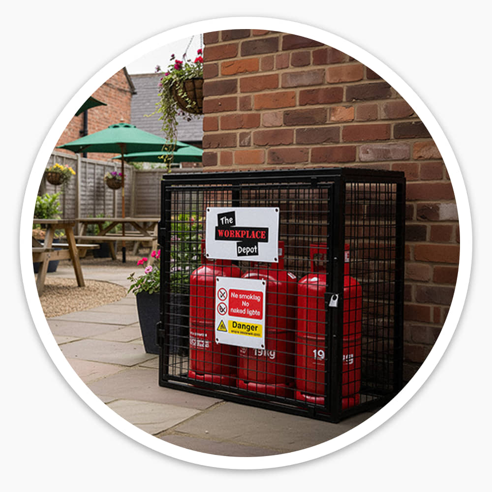 Black gas cylinder cage holding three red 19kg bottles against a brick wall in a pub beer garden