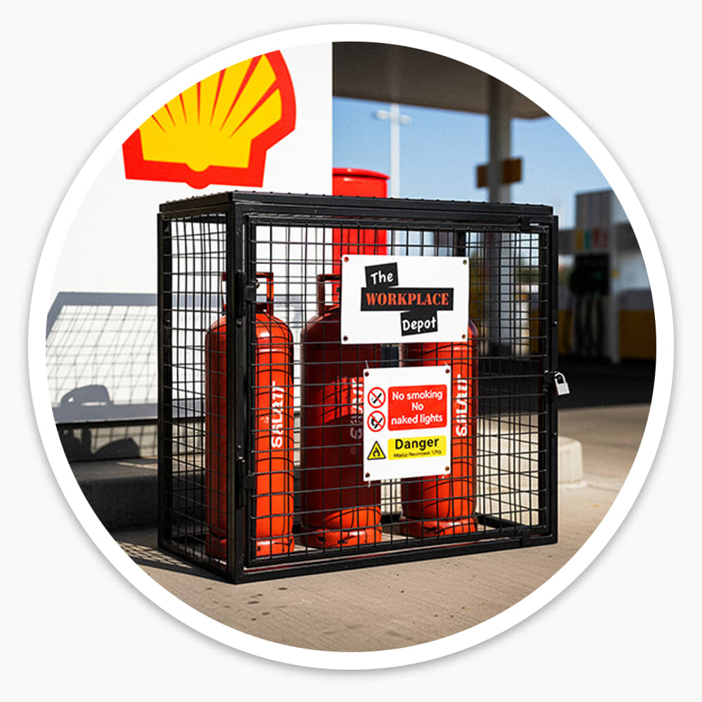 Padlocked black gas cylinder cage storing red bottles on a busy petrol station forecourt