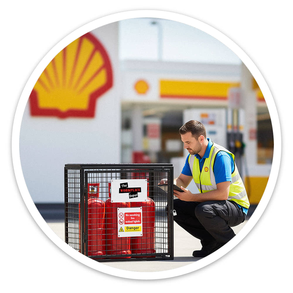 Forecourt worker checking red cylinders through the mesh of a black gas cylinder cage