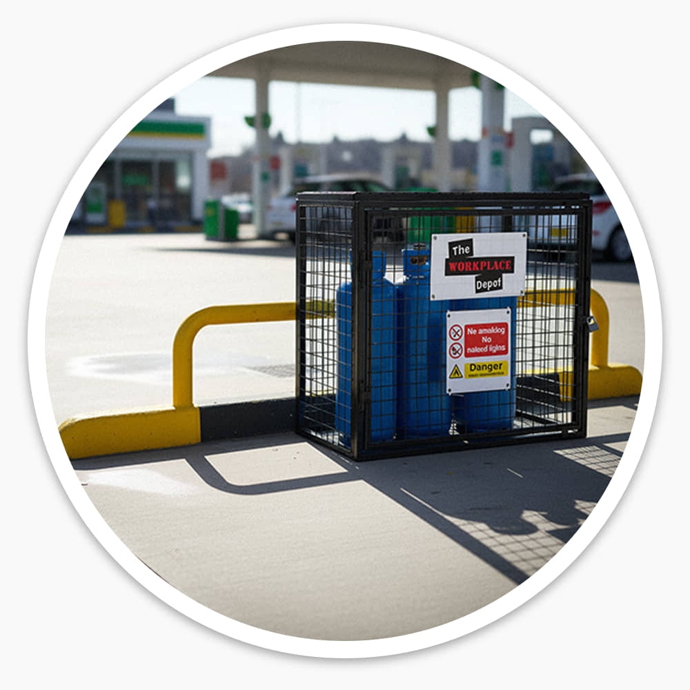 Black powder-coated gas cylinder cage with blue bottles standing outdoors in sunshine on a forecourt