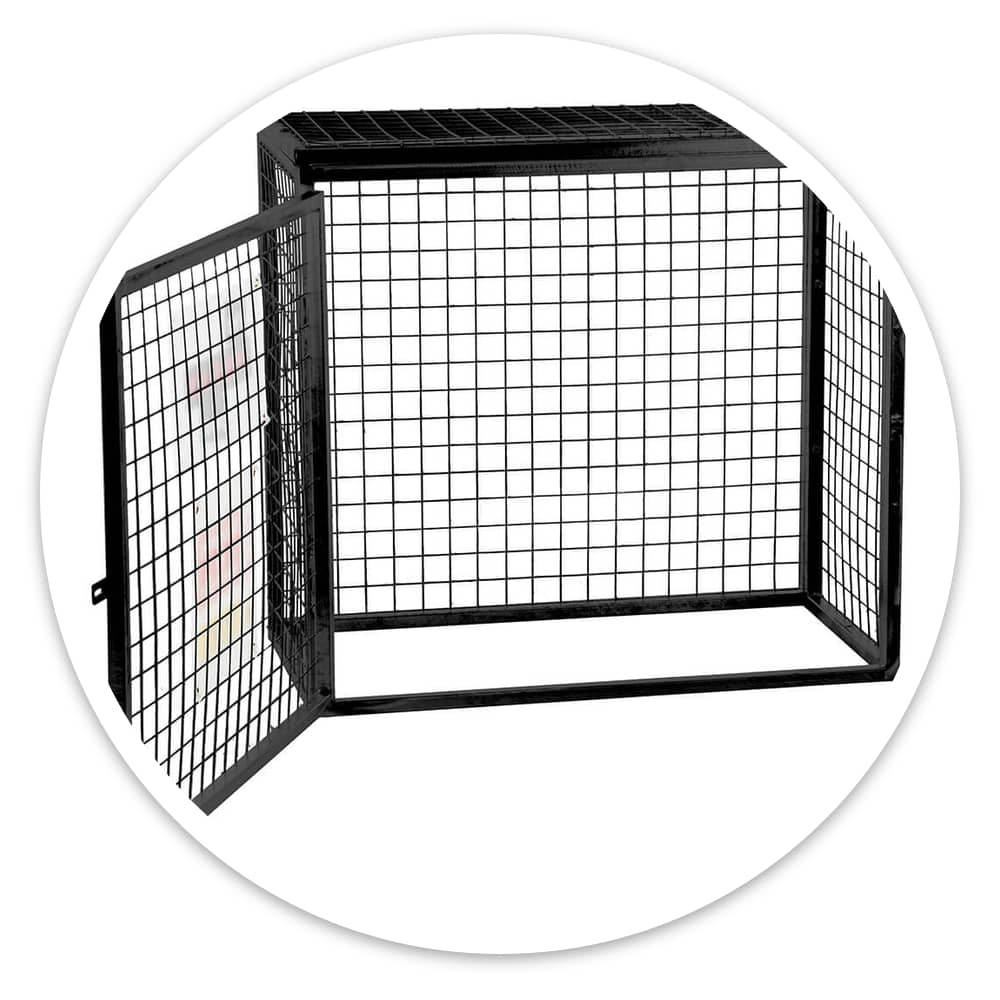 Empty black gas cylinder cage with its hinged mesh door open, showing the separate panels