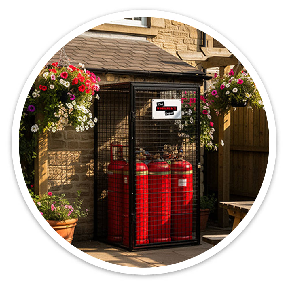 Red gas cylinders clearly visible through the mesh of a black gas cylinder cage in a pub garden