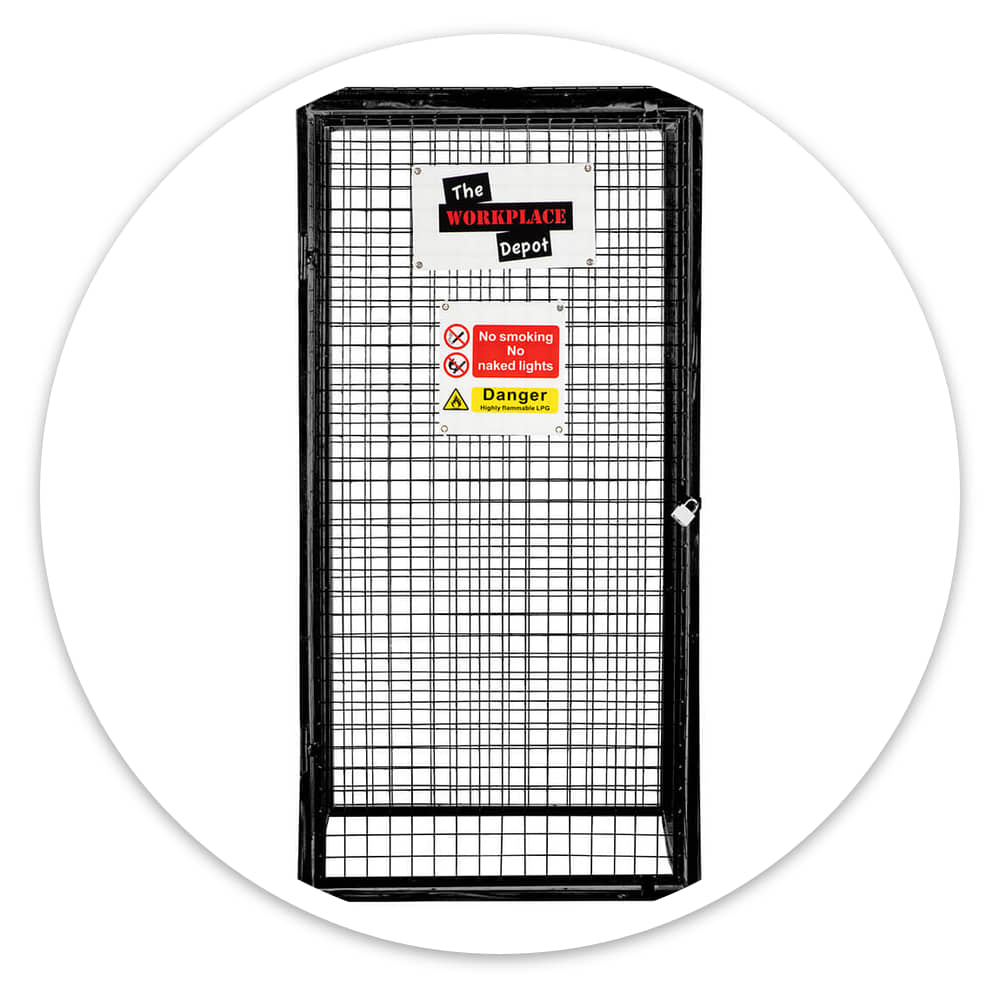 Front panel of the black gas cylinder cage with mesh door, padlock and safety signs, on white
