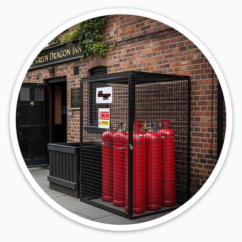 Black gas cylinder cage holding red gas bottles outside a brick pub, with hazard signs on the mesh