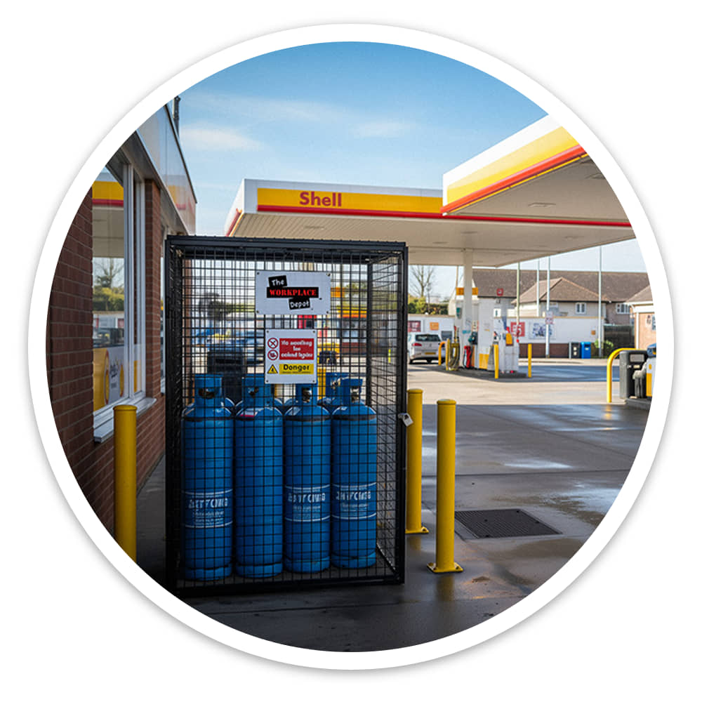 Black powder-coated gas cylinder cage with blue bottles standing outdoors on a petrol station forecourt