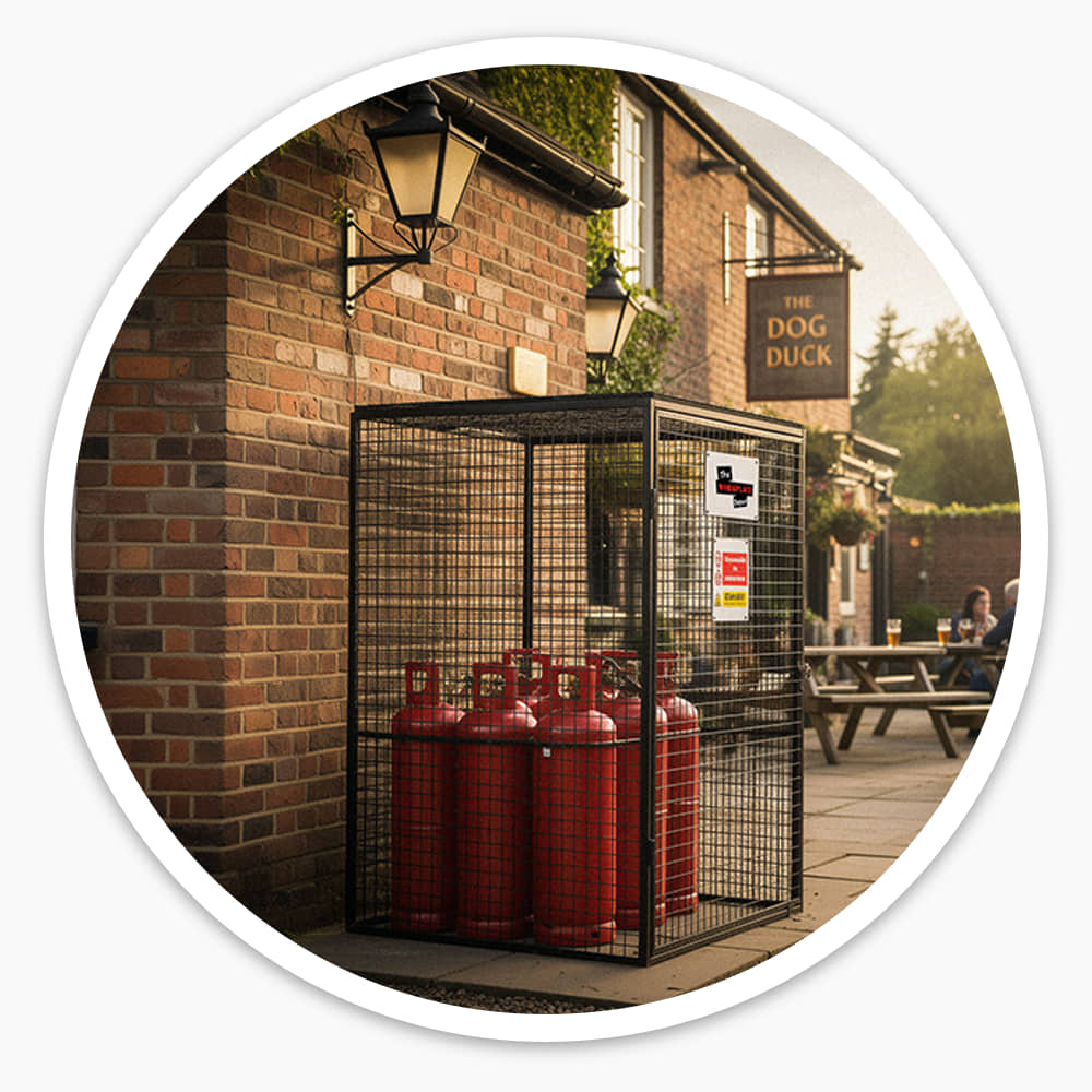 Red gas bottles clearly visible through the mesh of a black gas cylinder cage outside a pub
