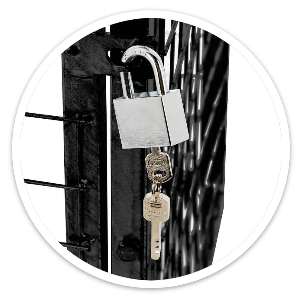 Close-up of the gas cylinder cage's box section frame and wire mesh, with a padlock on the door