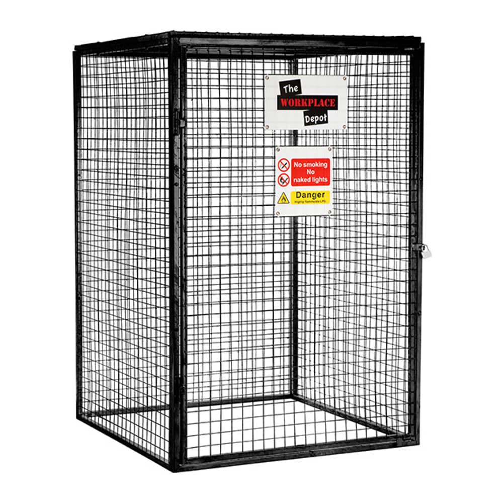 Black powder-coated gas cylinder cage with steel mesh panels, a padlockable door and no smoking and danger signs