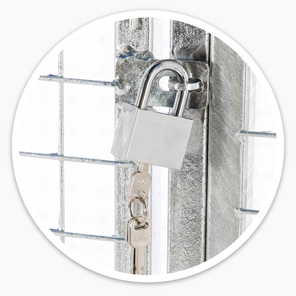 Padlock with keys securing the door of a galvanised gas cylinder cage