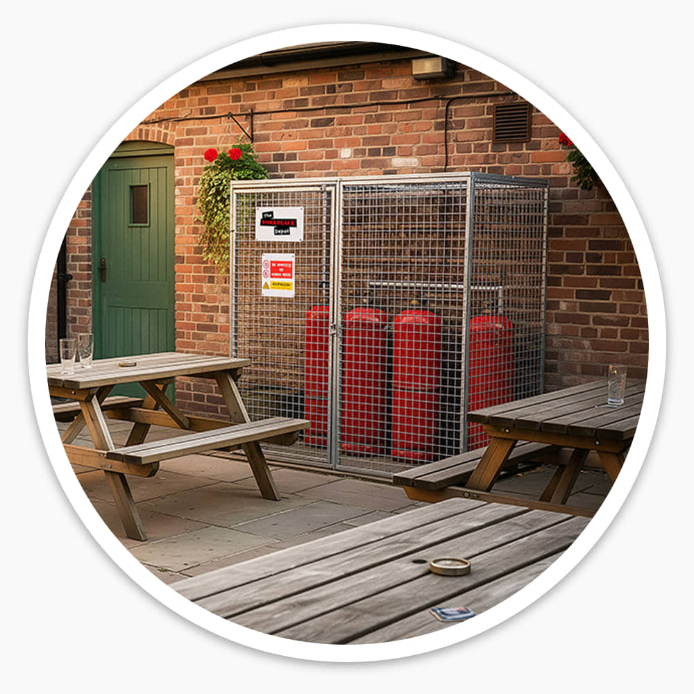 Gas cylinder cage storing red cylinders outdoors in a pub courtyard beside picnic benches