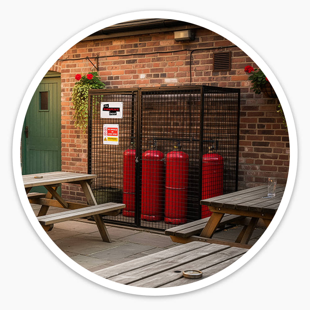 Black gas cylinder cage storing red gas cylinders against a brick wall in a pub courtyard with picnic benches
