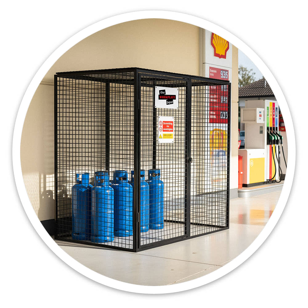 Blue gas cylinders clearly visible through the mesh of a black gas cylinder cage at a petrol station