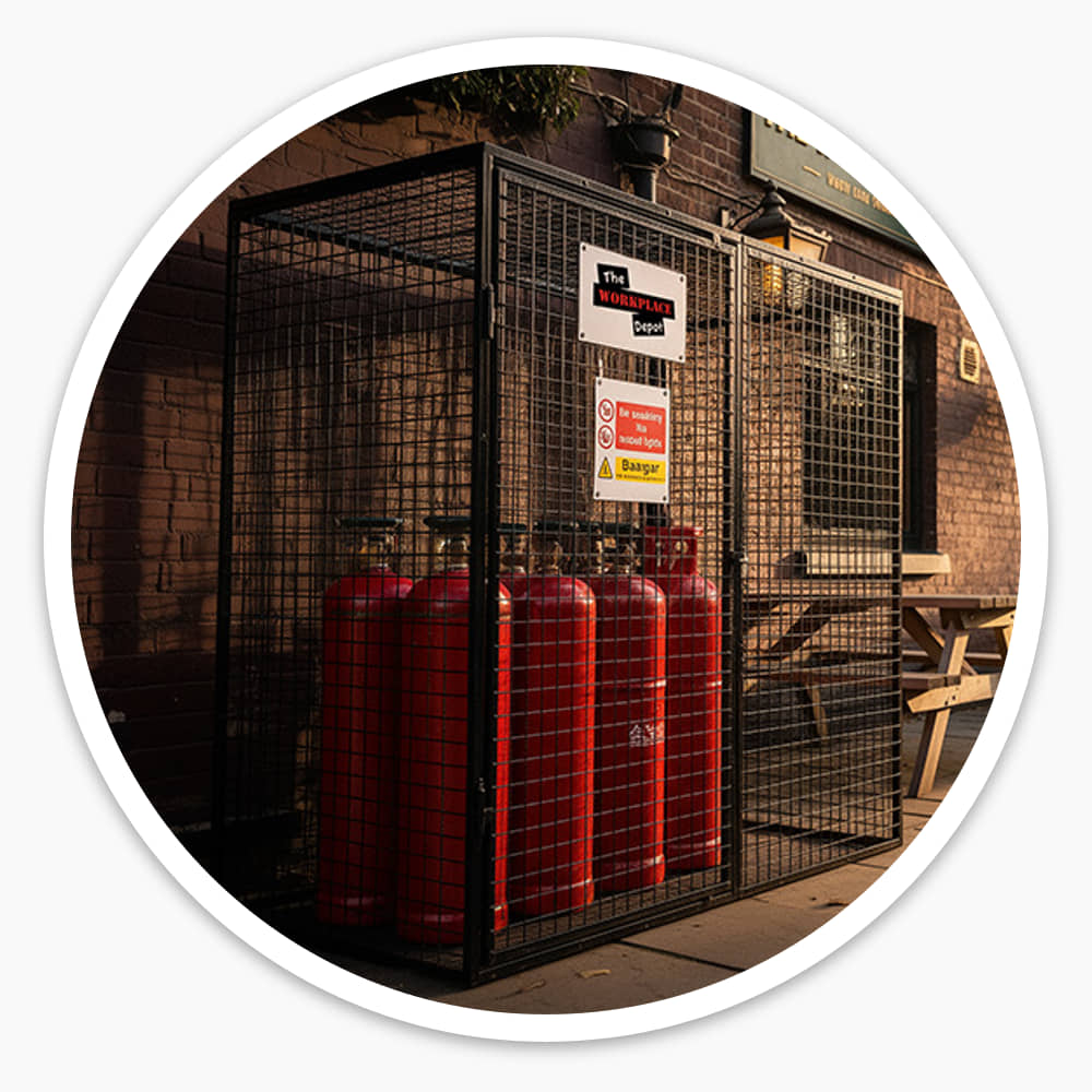 Black gas cylinder cage with red cylinders standing outdoors beside a pub, in low evening sun
