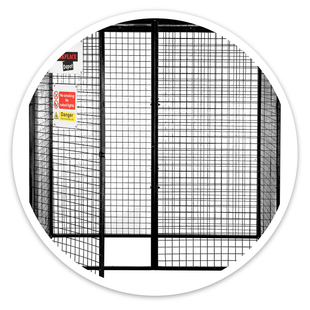 Black gas cylinder cage on white with its door open, showing the bolted mesh panels