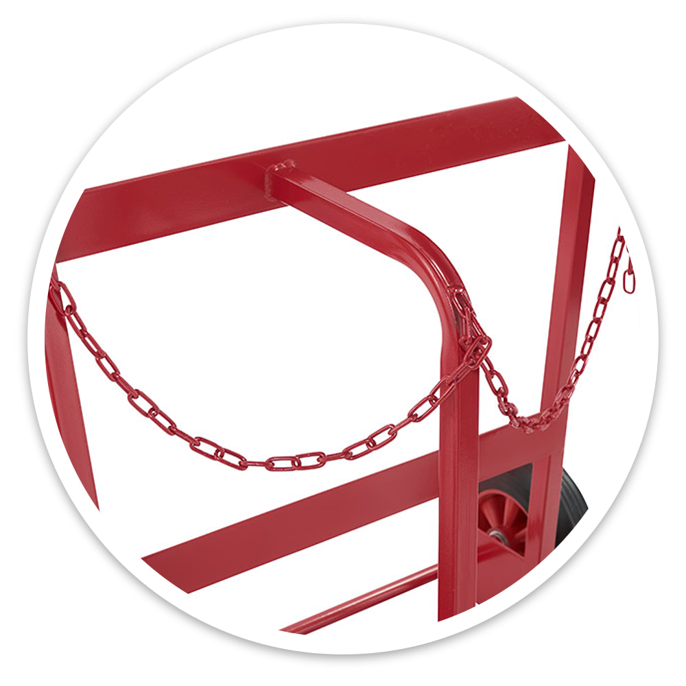 Double Gas Cylinder Trolley close-up showing red steel frame, central bay divider, safety chains and solid rubber wheel