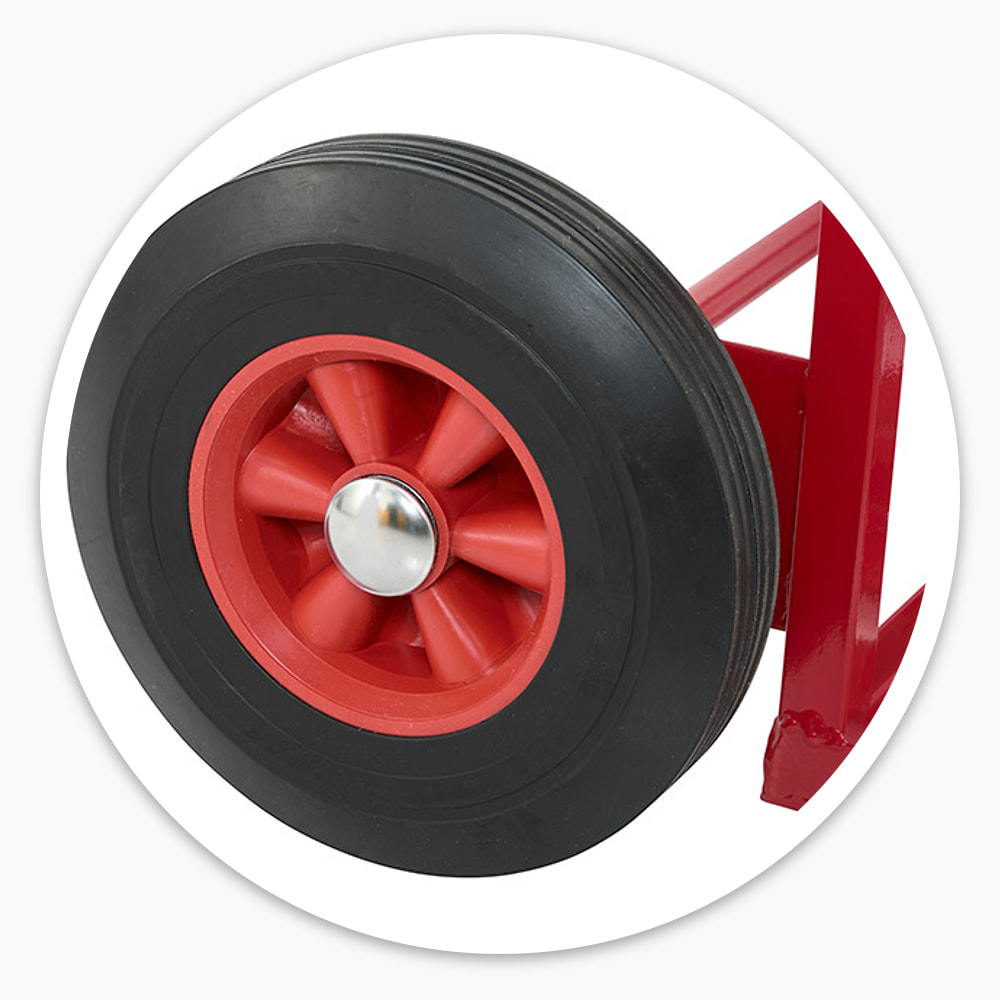 Close-up of a 250mm solid rubber wheel with red hub on the Double Gas Cylinder Trolley